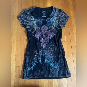 Late Y2K Black/Gray Angels & Diamonds Bejeweled Graphic V-Neck T-Shirt, Size L